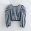 Puff Sleeve Vintage O Neck Pleated Short Blouse - Image 2