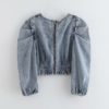 Puff Sleeve Vintage O Neck Pleated Short Blouse - Image 3