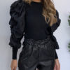 Pullover Stand Collar Puff Long Sleeves Ruched Sweaters - Image 2