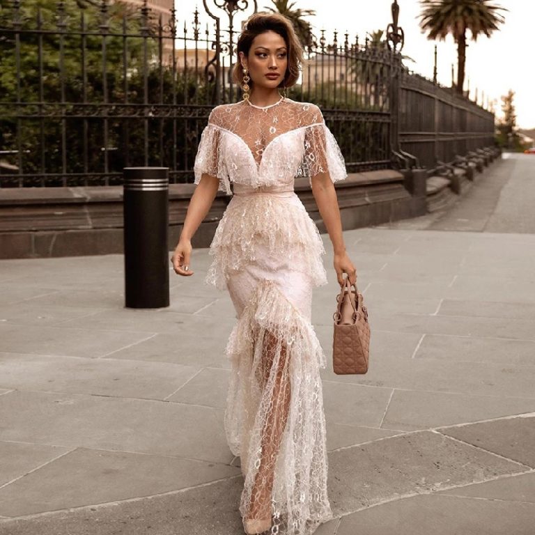 Sexy Runway Lace Hollow Out Short Sleeve Party Long Dress - Image 3