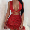 Sexy V Neck Top With Printed Faux Fur Sequins Bodycon Dress - Image 2