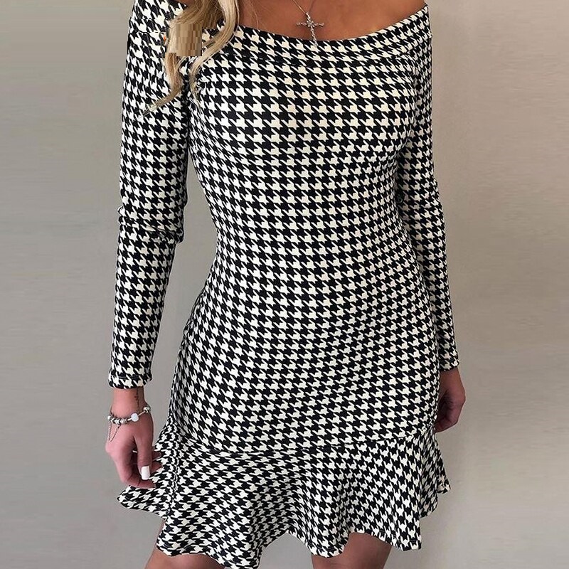 Sexy one line collar Check ruffle dress - Image 2
