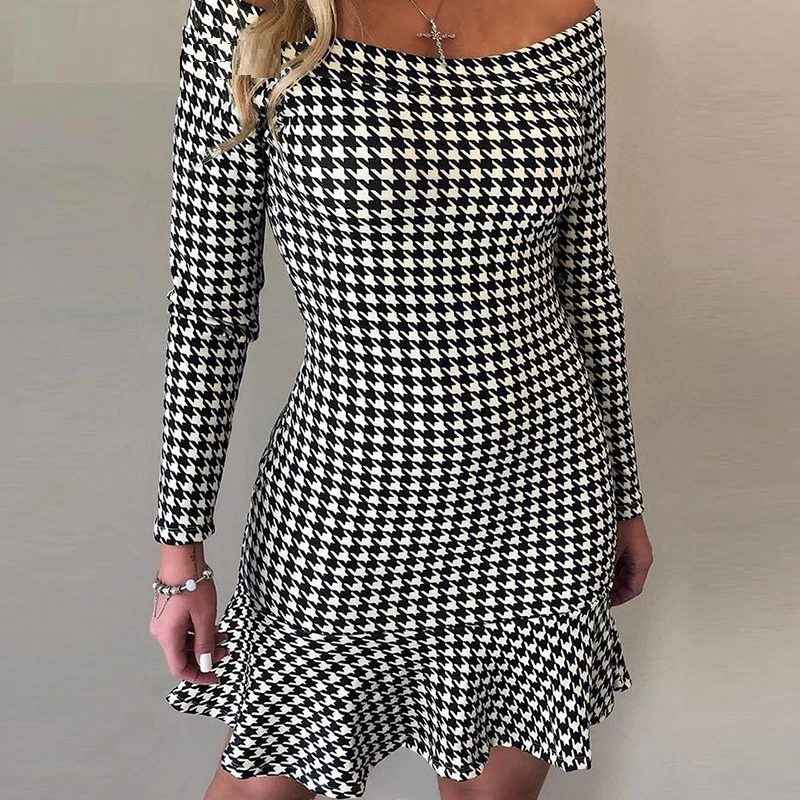 Sexy one line collar Check ruffle dress - Image 3