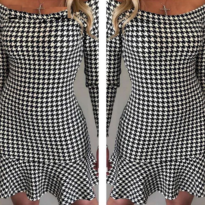 Sexy one line collar Check ruffle dress - Image 4