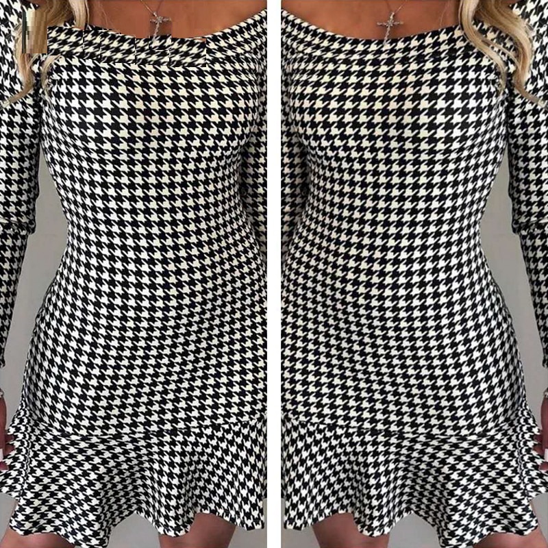 Sexy one line collar Check ruffle dress - Image 5