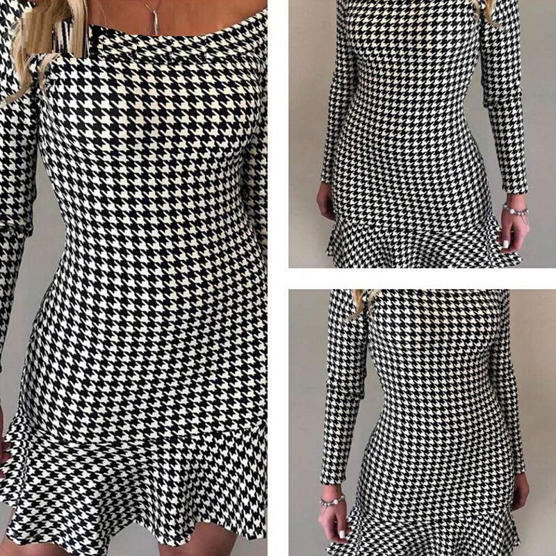 Sexy one line collar Check ruffle dress - Image 6