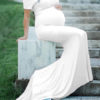 Short Sleeves Bateau Neck Pleated Backless Long Maternity Maxi Dresses - Image 2