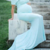 Short Sleeves Bateau Neck Pleated Backless Long Maternity Maxi Dresses - Image 5