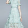 Short Sleeves V-Neck Tulle Lace Hollow Out Floor Length Maxi Dress