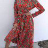 Turndown Collar Long Sleeve Printed Split Shirt Maxi Dress