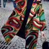 Turndown Collar Long Sleeves Printed Casual Woolen Coat