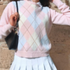 Argyle Knitted Vintage Crewneck Cute Casual Sweater
