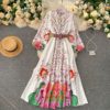 Casual Fashion Retro Puff Sleeve Button A-line Maxi Dress