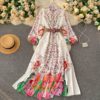 Casual Fashion Retro Puff Sleeve Button A-line Maxi Dress - Image 2