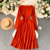 Casual Square Collar Long Sleeve A-line Street Wear Midi Dresses - Image 3