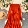 Casual Square Collar Long Sleeve A-line Street Wear Midi Dresses - Image 18