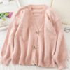Casual V Neck Fashion Buttons Elastic Puff Sleeve Cardigans - Image 4