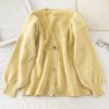 Casual V Neck Fashion Buttons Elastic Puff Sleeve Cardigans
