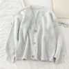 Casual V Neck Fashion Buttons Elastic Puff Sleeve Cardigans - Image 6
