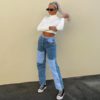 Contrast Patchwork High Waist Casual Denim Jeans