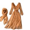 Elegant Retro Puff Sleeve V Neck Silk Scarf Solid Dresses - Image 2