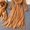 Elegant Retro Puff Sleeve V Neck Silk Scarf Solid Dresses - Image 3