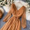 Elegant Retro Puff Sleeve V Neck Silk Scarf Solid Dresses - Image 6