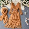 Elegant Retro Puff Sleeve V Neck Silk Scarf Solid Dresses