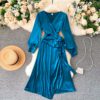 Elegant V Neck Long Sleeve A-line Solid Fashion Street Wear Dress - Image 2