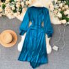 Elegant V Neck Long Sleeve A-line Solid Fashion Street Wear Dress - Image 4