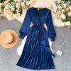 Elegant V Neck Long Sleeve A-line Solid Fashion Street Wear Dress