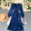 Elegant V Neck Long Sleeve A-line Solid Fashion Street Wear Dress - Image 7