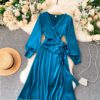 Elegant V Neck Long Sleeve A-line Solid Fashion Street Wear Dress - Image 8