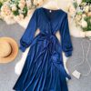 Elegant V Neck Long Sleeve A-line Solid Fashion Street Wear Dress - Image 9