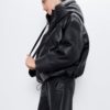 Faux Leather Padded Hooded Jacket Casual Masculine Style - Image 4