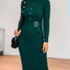 Jewel Neck Long Sleeves Buttons Casual Pencil Sweater Bodycon Dress - Image 4