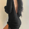 Knitted Long Sleeves U-Neck Backless Casual Sweater Dress - Image 3