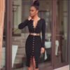 Long Sleeve Sexy Button Embellished Bandage Evening Party Dress
