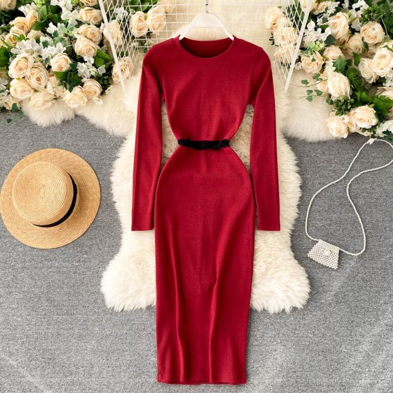 O Neck Long Sleeve Slim Elastic A-line Bodycon Dresses - Image 2