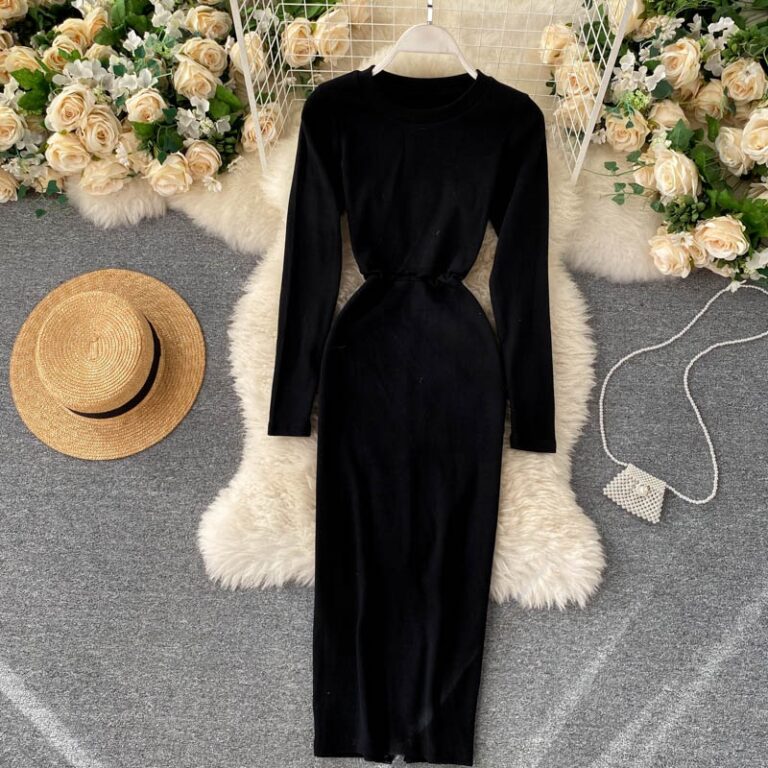 O Neck Long Sleeve Slim Elastic A-line Bodycon Dresses - Image 3