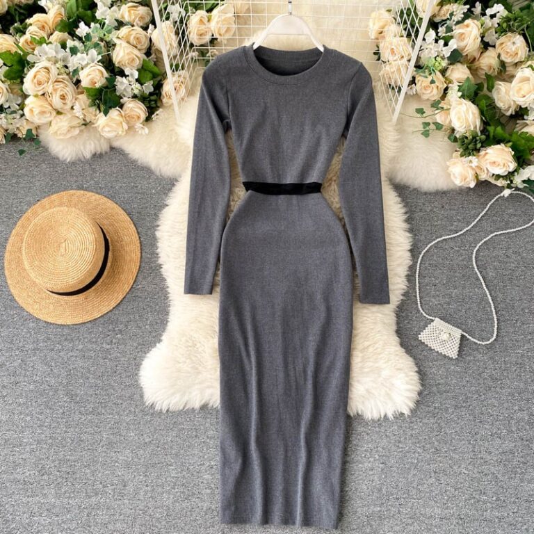 O Neck Long Sleeve Slim Elastic A-line Bodycon Dresses - Image 4