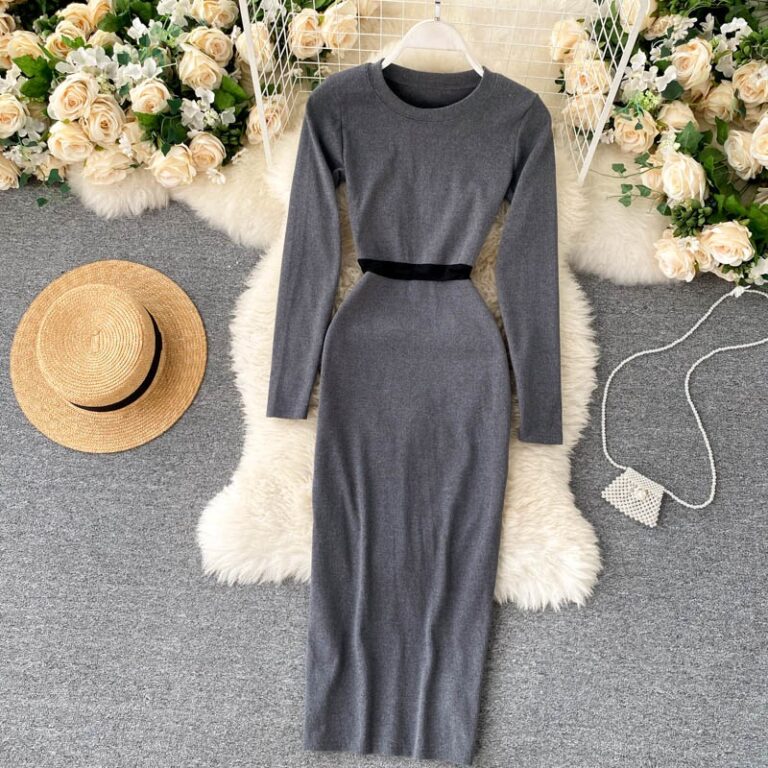 O Neck Long Sleeve Slim Elastic A-line Bodycon Dresses - Image 6