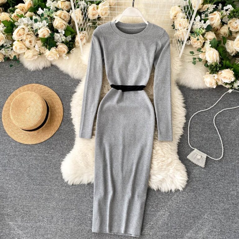 O Neck Long Sleeve Slim Elastic A-line Bodycon Dresses - Image 7