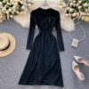 O Neck Long Sleeve Striped A-line Elastic Loose Sweater Dress - Image 5