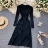 O Neck Long Sleeve Striped A-line Elastic Loose Sweater Dress - Image 6