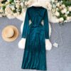 Retro V Neck Long Sleeve Asymmetry Fashion Sexy Split Midi Long Dresses - Image 7