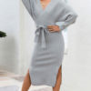 Sexy V-Neck Lace Up Long Sleeves Knit Sweater Bodycon Dresses - Image 4