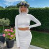 Solid Turtleneck Rib Cotton Crop Top Slim Jacket