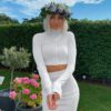 Solid Turtleneck Rib Cotton Crop Top Slim Jacket - Image 2