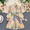 Stand Collar Button Long Sleeve A-line Streetwear Short Dress - Image 2